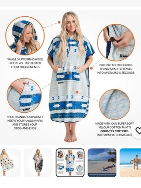 Arcturus Surf Poncho Hooded Towel- Unisex - Blue & White Aztec OSFM - NWT